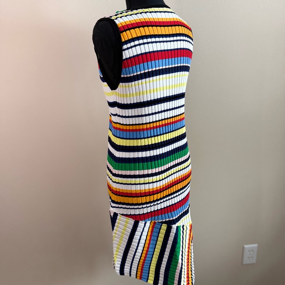 Milly Striped Knit Dress Asymmetrical Hem V Neck Multicolor Size L - Picture 7 of 13